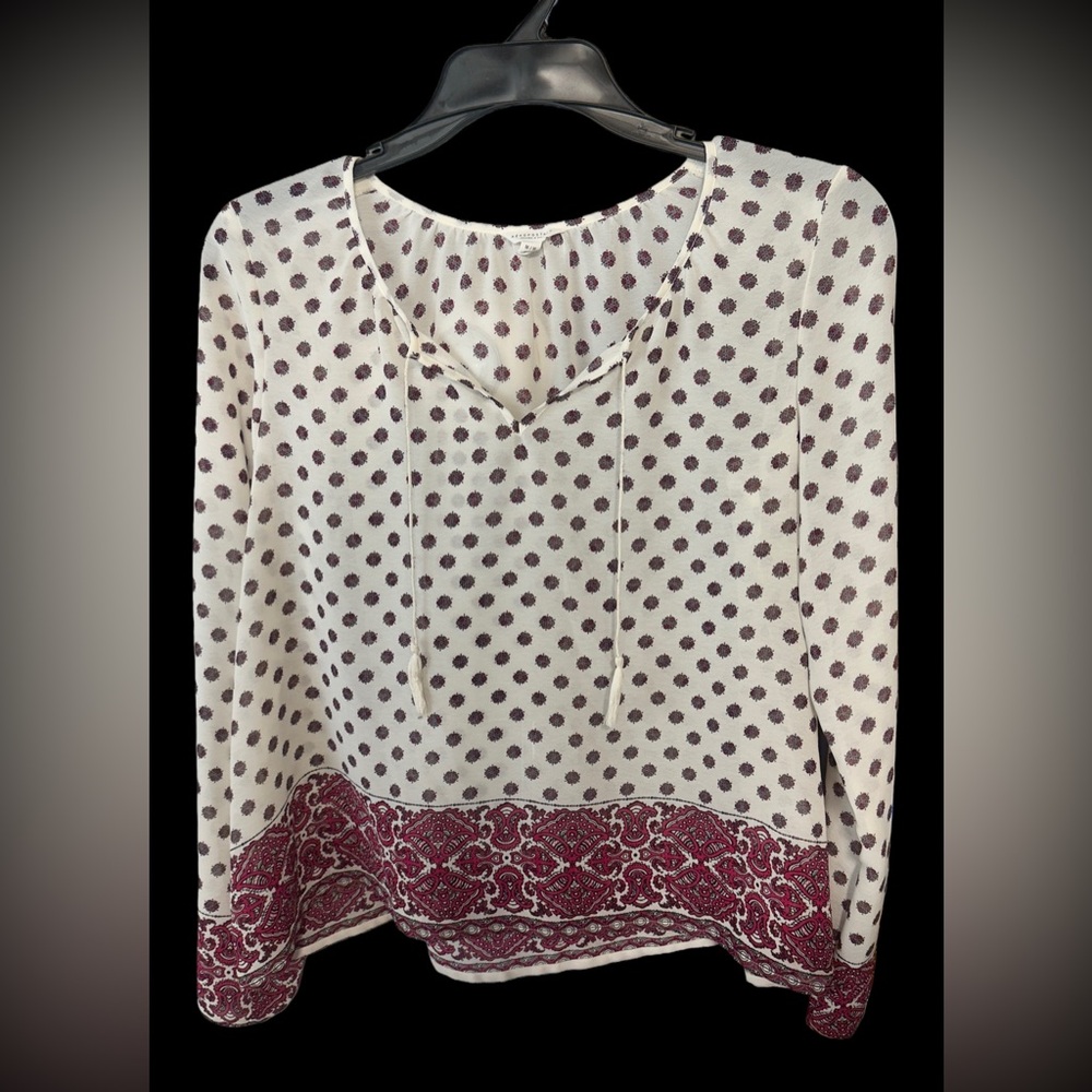 Aeropostale Aero Women’s Cream and Burgundy Polka Dot Peasant Blouse